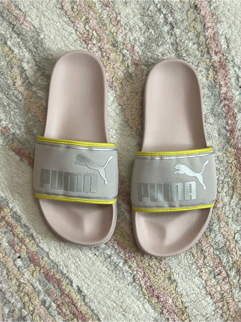 Puma Pale Pink Slides with Yellow Trim